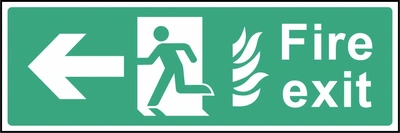 Green and white Fire exit sign showing left-pointing arrow. Artwork EMER0019.