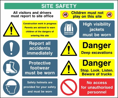 Collated site safety board with visitor reporting, children prohibited, construction warning, PPE, accident reporting, deep excavation and truck warnings, and no unauthorised access. CONS0012 artwork.