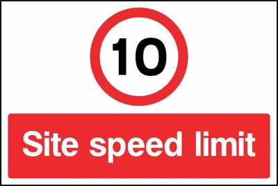 A black number 10 within a red circle above a red Site speed limit panel with 10 — Site speed limit wording. CONS0089 artwork.