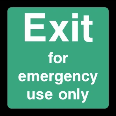 Green and white Exit for emergency use only sign showing square text design. Artwork EMER0061.