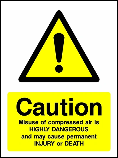 Caution — Misuse of compressed air is highly dangerous and may cause permanent injury or death sign showing yellow exclamation warning triangle above wording. Artwork MACH0034.