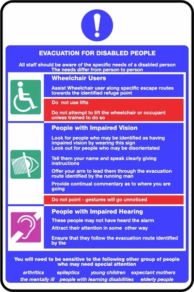 Evacuation for disabled people sign showing detailed blue instruction board with wheelchair vision and hearing sections. Artwork DDA0027.