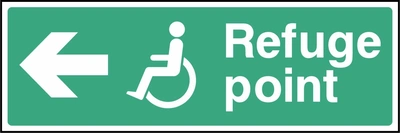 Refuge point sign showing left arrow and wheelchair symbol. Artwork EMER0071.