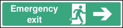 Green and white Emergency exit sign showing right-pointing arrow. Artwork EMER0028.