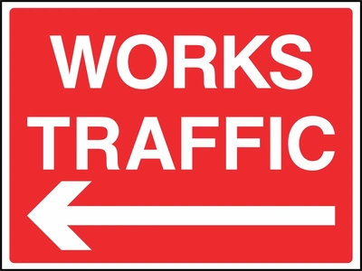 White lettering with a large left-pointing arrow on a red background with WORKS TRAFFIC wording. CONS0075 artwork.
