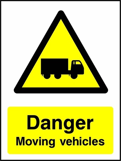Danger — Moving vehicles sign showing yellow moving truck warning pictogram above wording. Artwork GENE0083.