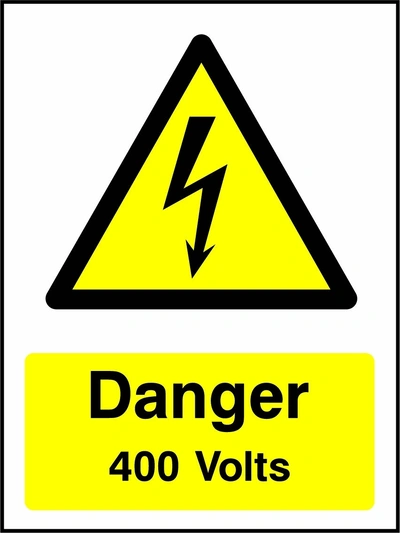 Danger — 400 Volts sign showing yellow electrical lightning bolt warning triangle above wording. Artwork ELEC0035.