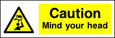 Caution — Mind your head sign showing yellow overhead impact warning pictogram beside wording. Artwork GENE0020.