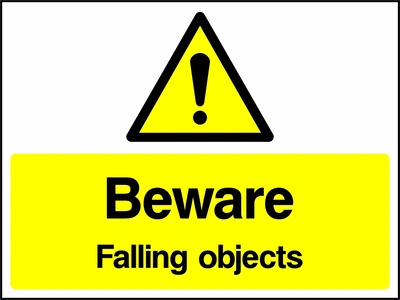 A black exclamation mark inside a yellow warning triangle above black wording on a yellow panel with Beware — Falling objects wording. CONS0094 artwork.