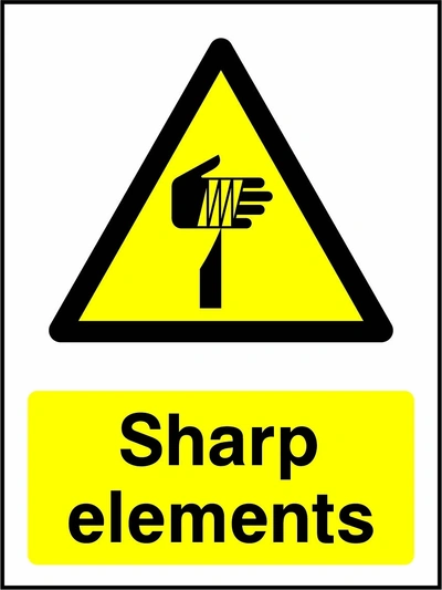 Sharp elements sign showing yellow sharp element and hand warning triangle above wording. Artwork MACH0027.