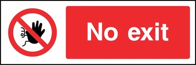 No exit sign showing red raised-hand prohibition symbol beside wording. Artwork ACCE0008.