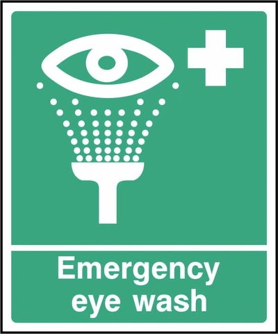 Emergency eye wash sign showing eye and water spray pictogram. Artwork FAID0007.