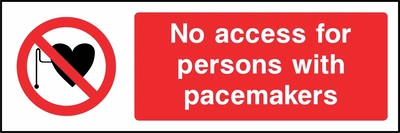 No access for persons with pacemakers sign showing red pacemaker prohibition symbol beside wording. Artwork ACCE0019.