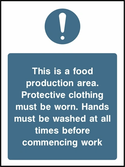 This is a food production area — Protective clothing must be worn — Wash hands before work. Food processing sign artwork FOOD0014.