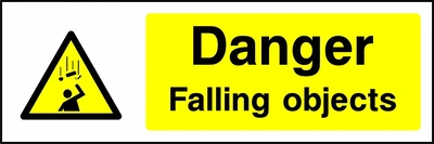 Yellow and black landscape letterbox sign with a falling objects pictogram and Danger Falling objects wording. CONS0043 artwork.