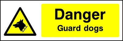 Danger — Guard dogs sign showing yellow guard dog warning pictogram beside wording. Artwork GENE0033.
