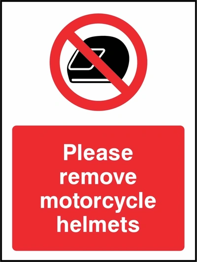 Please remove motorcycle helmets sign showing red motorcycle helmet prohibition symbol above wording. Artwork GENE0121.