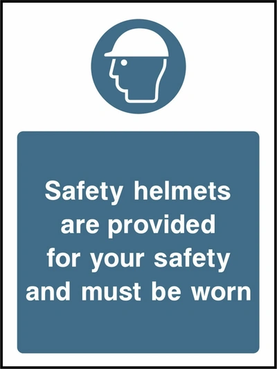Safety helmets are provided for your safety and must be worn sign showing blue safety helmet pictogram above wording. Artwork PPE0038.
