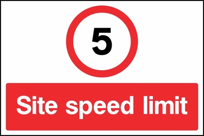 A black number 5 within a red circle above a red Site speed limit panel with 5 — Site speed limit wording. CONS0088 artwork.