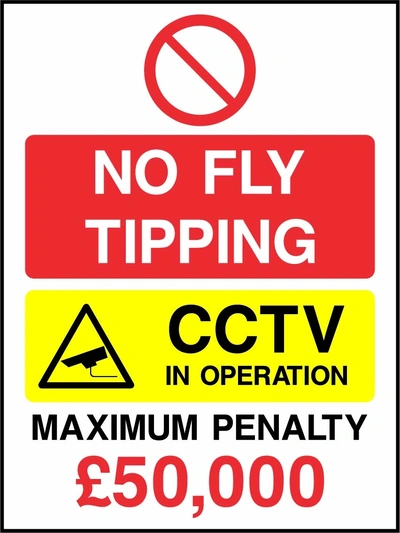 No fly tipping — CCTV in operation — Maximum penalty £50,000. collated prohibition, CCTV and penalty panels. Original artwork GENE0135.