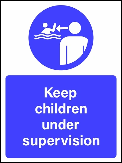 Keep children under supervision sign showing a blue instruction pictogram above the printed wording. Artwork WATE0056.