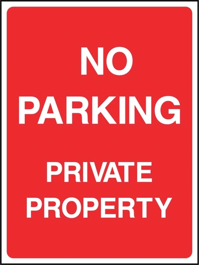 No Parking — Private Property sign. red background with white lettering. Supplied artwork PARK0022.