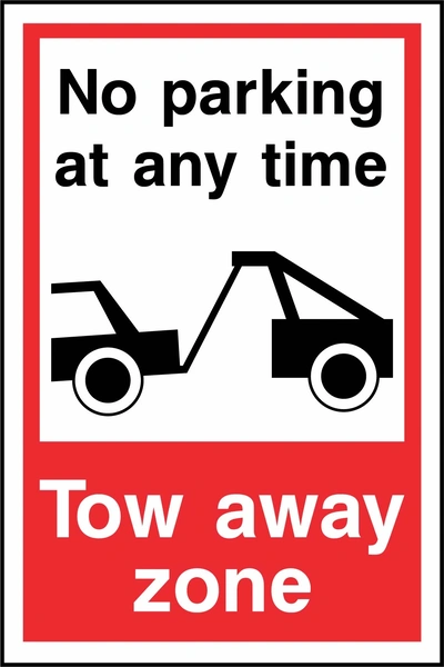 No parking at any time — Tow away zone sign. tow-truck pictogram with red-and-white wording. Supplied artwork PARK0075.