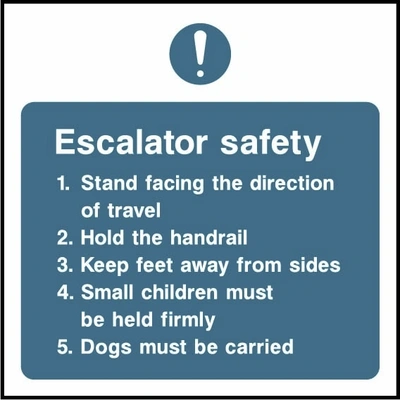 Escalator safety sign showing blue mandatory symbol and five escalator instructions. Artwork LIFT0003.