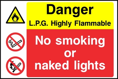 Danger — L.P.G. highly flammable — No smoking or naked lights. Stacked message panels. Artwork MULT0029.