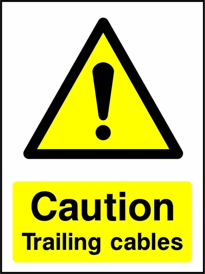 Caution — Trailing cables sign showing yellow exclamation warning pictogram above wording. Artwork GENE0087.