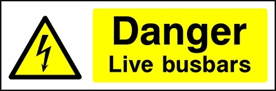 Danger — Live busbars sign showing yellow electrical lightning bolt warning triangle beside wording. Artwork ELEC0016.