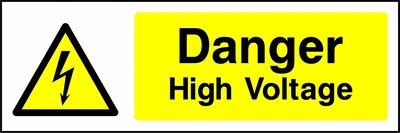 Danger — High voltage sign showing yellow electrical lightning bolt warning triangle beside wording. Artwork ELEC0012.