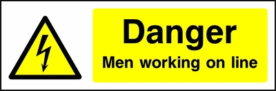 Danger — Men working on line sign showing yellow electrical lightning bolt warning triangle beside wording. Artwork ELEC0023.
