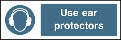 Use ear protectors sign showing blue ear defenders pictogram beside wording. Artwork PPE0009.
