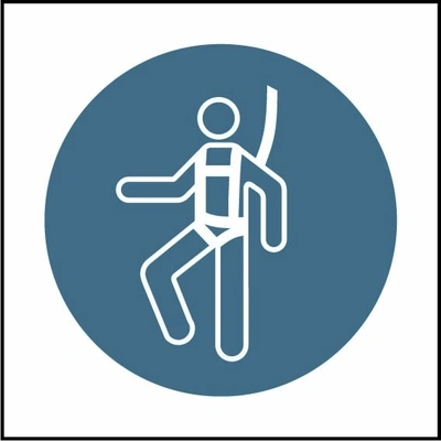 Wear a safety harness pictogram sign showing white person wearing safety harness pictogram in blue circle. Artwork MACH0052.