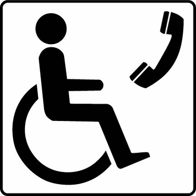 Accessible telephone pictogram sign showing black wheelchair and telephone symbols. Artwork DDA0020.