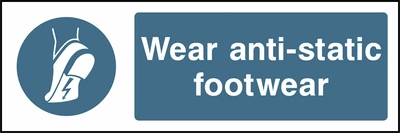 Wear anti-static footwear sign showing blue anti-static footwear pictogram beside wording. Artwork PPE0022.