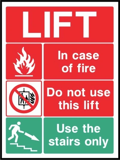Lift — In case of fire — Do not use this lift — Use the stairs only sign showing collated fire lift-prohibition and descending-stairs panels. Artwork LIFT0024.