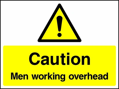 A black exclamation mark inside a yellow warning triangle above black wording on a yellow panel with Caution — Men working overhead wording. CONS0093 artwork.