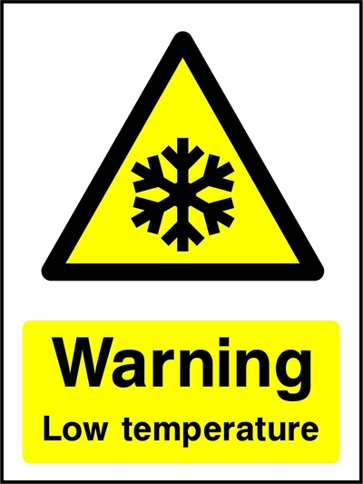 Warning — Low temperature sign showing yellow snowflake warning pictogram above wording. Artwork GENE0085.