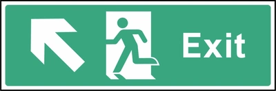 Green and white Exit sign with an up left arrow and running-person escape symbol. Letterbox artwork EMER0009.