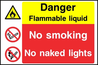 Danger — Flammable liquid — No smoking — No naked lights. Stacked message panels. Artwork MULT0028.
