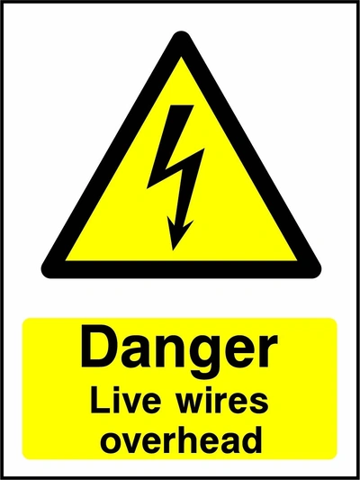 Danger — Live wires overhead sign showing yellow electrical lightning bolt warning triangle above wording. Artwork ELEC0050.