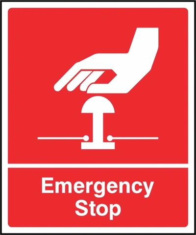 Emergency Stop sign showing red background and stop-button pictogram. Artwork FAID0051.