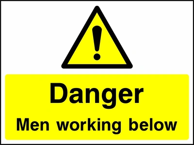 A black exclamation mark inside a yellow warning triangle above black wording on a yellow panel with Danger — Men working below wording. CONS0107 artwork.