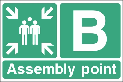 B — Assembly point sign showing assembly point B with group and inward arrows. Artwork EMER0088.