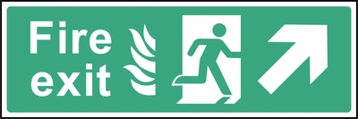 Green and white Fire exit sign showing up-right arrow. Artwork EMER0018.