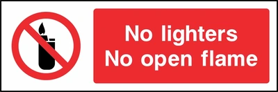 No lighters — No open flame sign. red cigarette or naked-flame prohibition pictogram beside a red wording panel. Artwork SMOK0042.