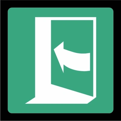 Green and white Door opening direction — Left sign showing left door-opening arrow pictogram. Artwork EMER0057.