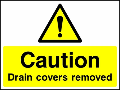 A black exclamation mark inside a yellow warning triangle above black wording on a yellow panel with Caution — Drain covers removed wording. CONS0105 artwork.